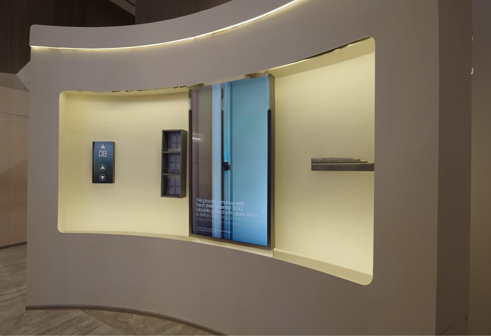 curved display showcasing high-performance window systems for luxury real estate sales